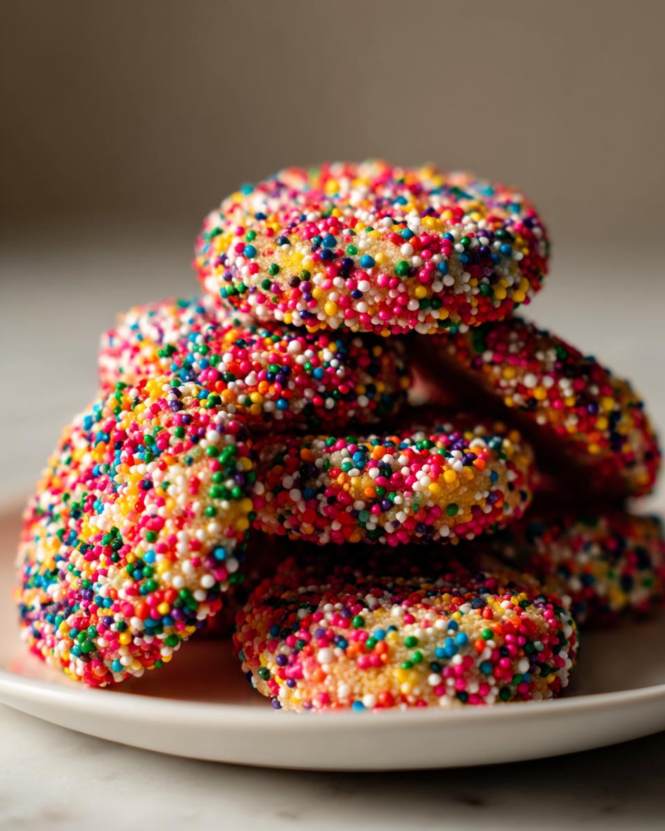A close-up stack of round Christmas sprinkle cookies completely covered in bright, multi-colored nonpareils.
