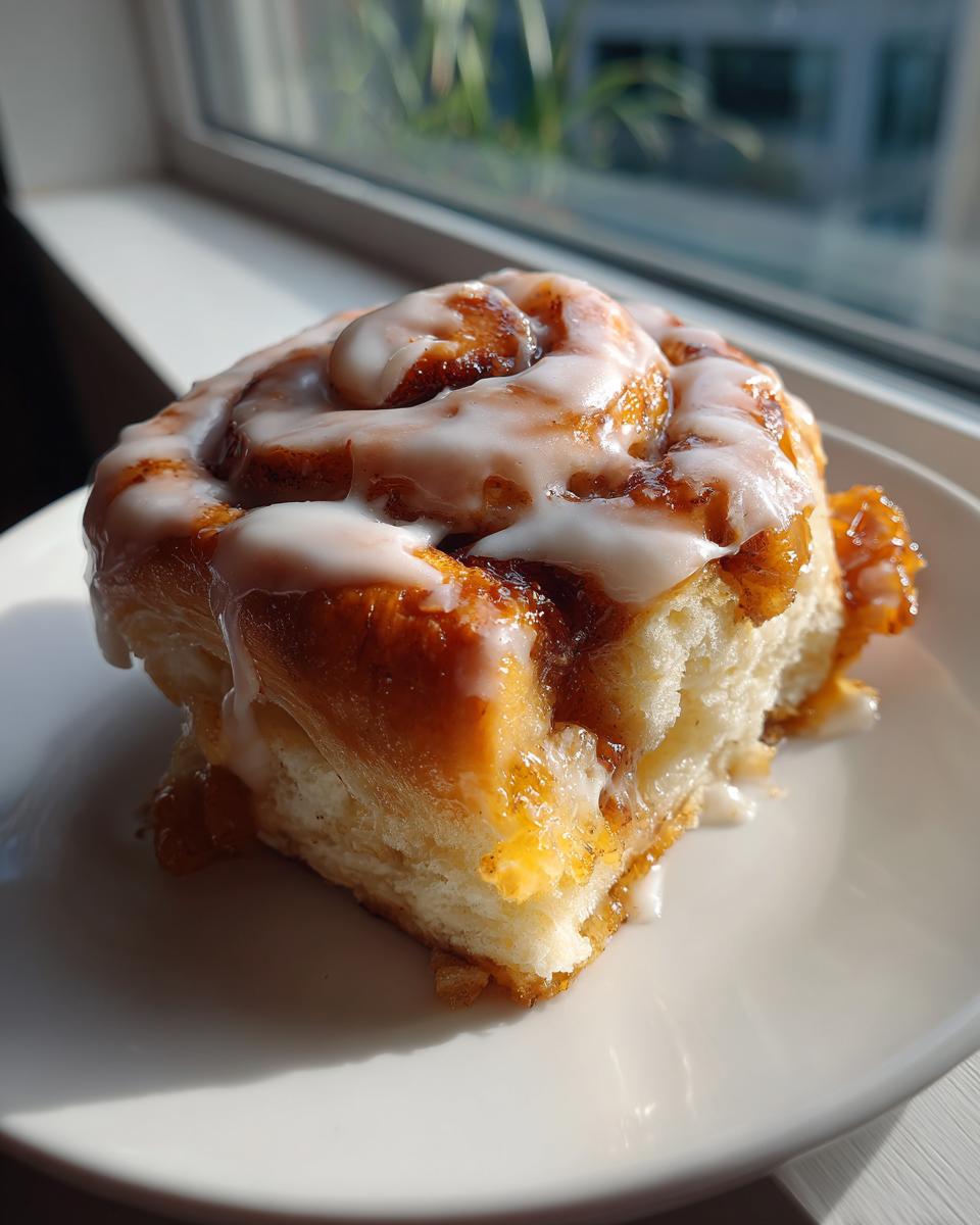 A close-up of a single, warm piece of cinnamon roll apple pie topped with thick white icing.