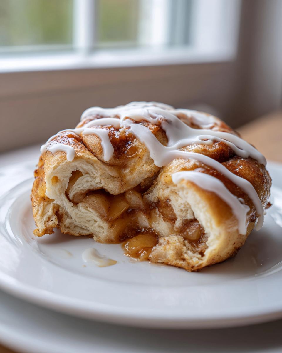 A close-up of a cinnamon roll apple pie piece pulled apart, showing gooey apple filling and white icing drizzle.