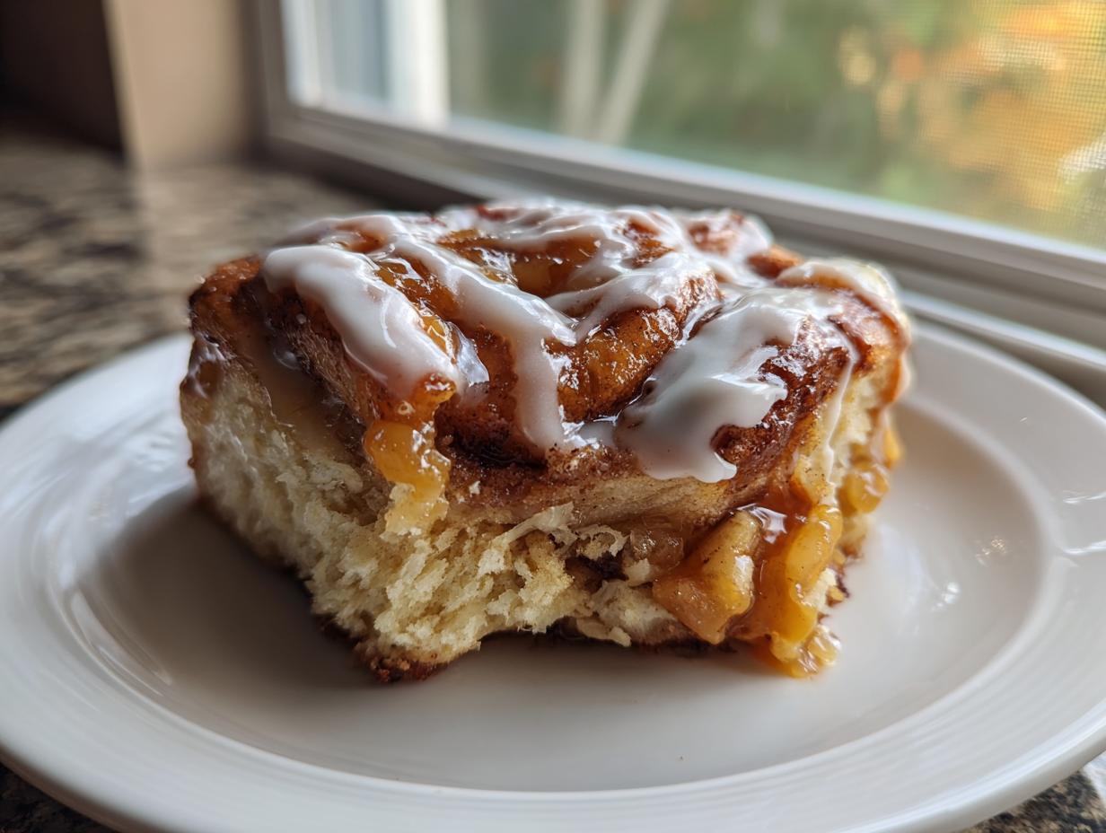 A close-up of a single, gooey cinnamon roll apple pie square topped with white icing, sitting on a white plate.