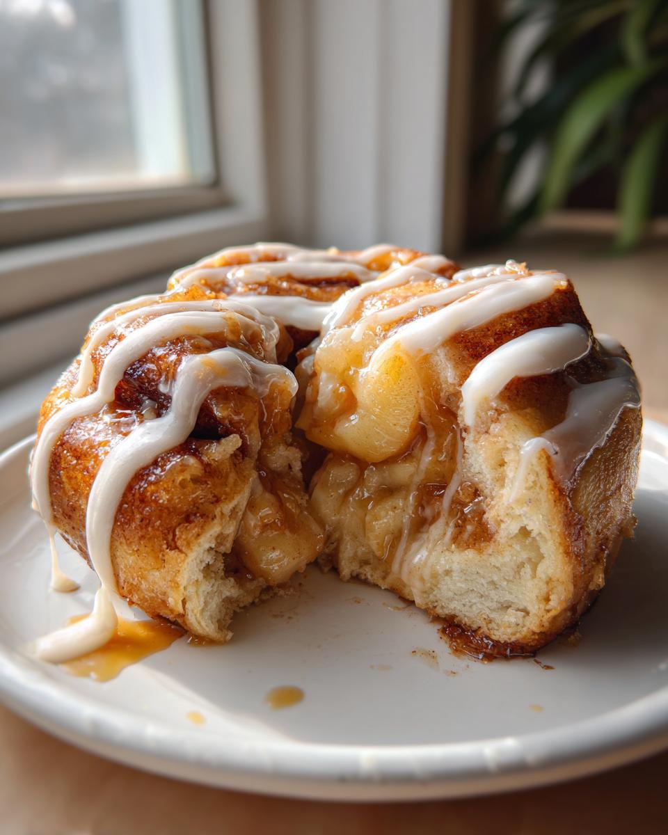 A close-up of a gooey cinnamon roll apple pie hack, drizzled with white icing and filled with caramelized apple chunks.
