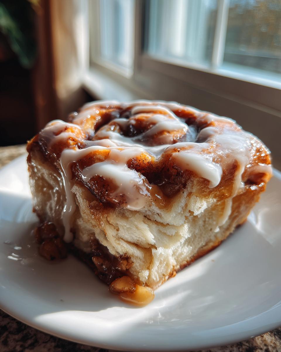 A single, gooey slice of cinnamon roll apple pie topped with white icing, sitting on a white plate.