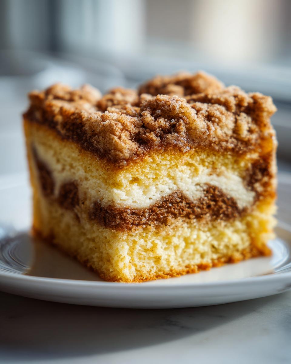 Close-up of a moist slice of coffee cake featuring a thick cinnamon swirl and crumb topping.