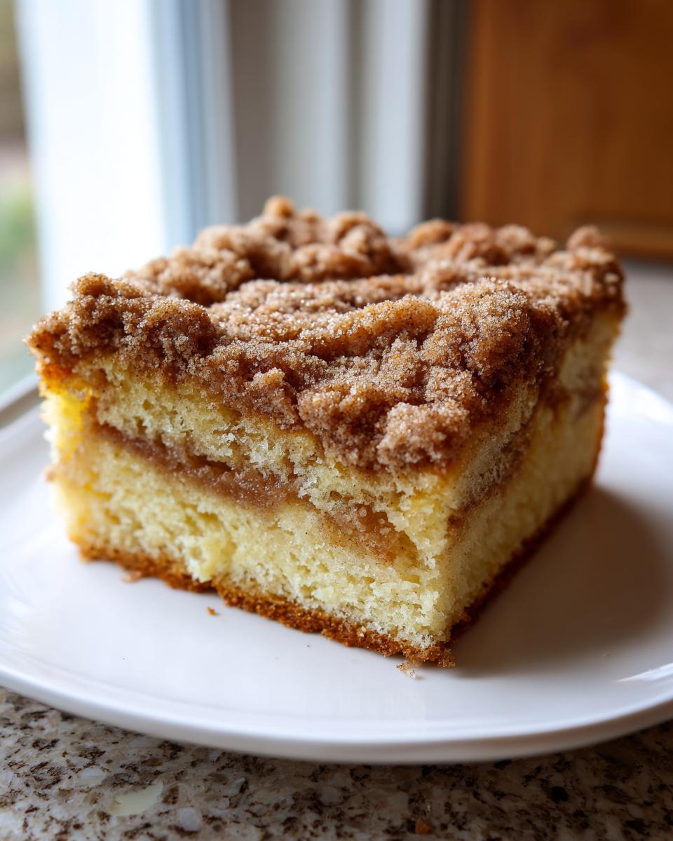 A moist slice of classic coffee cake featuring a thick cinnamon swirl and generous brown sugar crumb topping.
