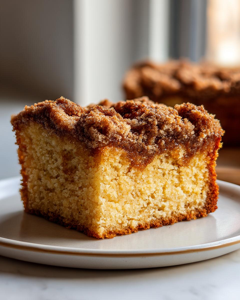 Close-up of a moist slice of classic coffee cake featuring a thick, sugary cinnamon crumb topping.