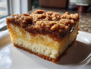 Close-up of a moist slice of classic coffee cake featuring a thick, sugary cinnamon crumb topping.