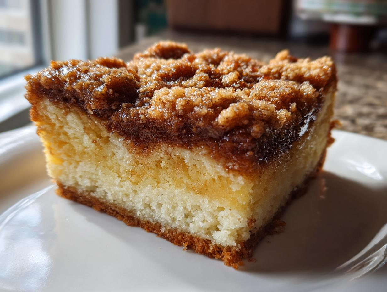 Close-up of a moist slice of classic coffee cake featuring a thick, sugary cinnamon crumb topping.