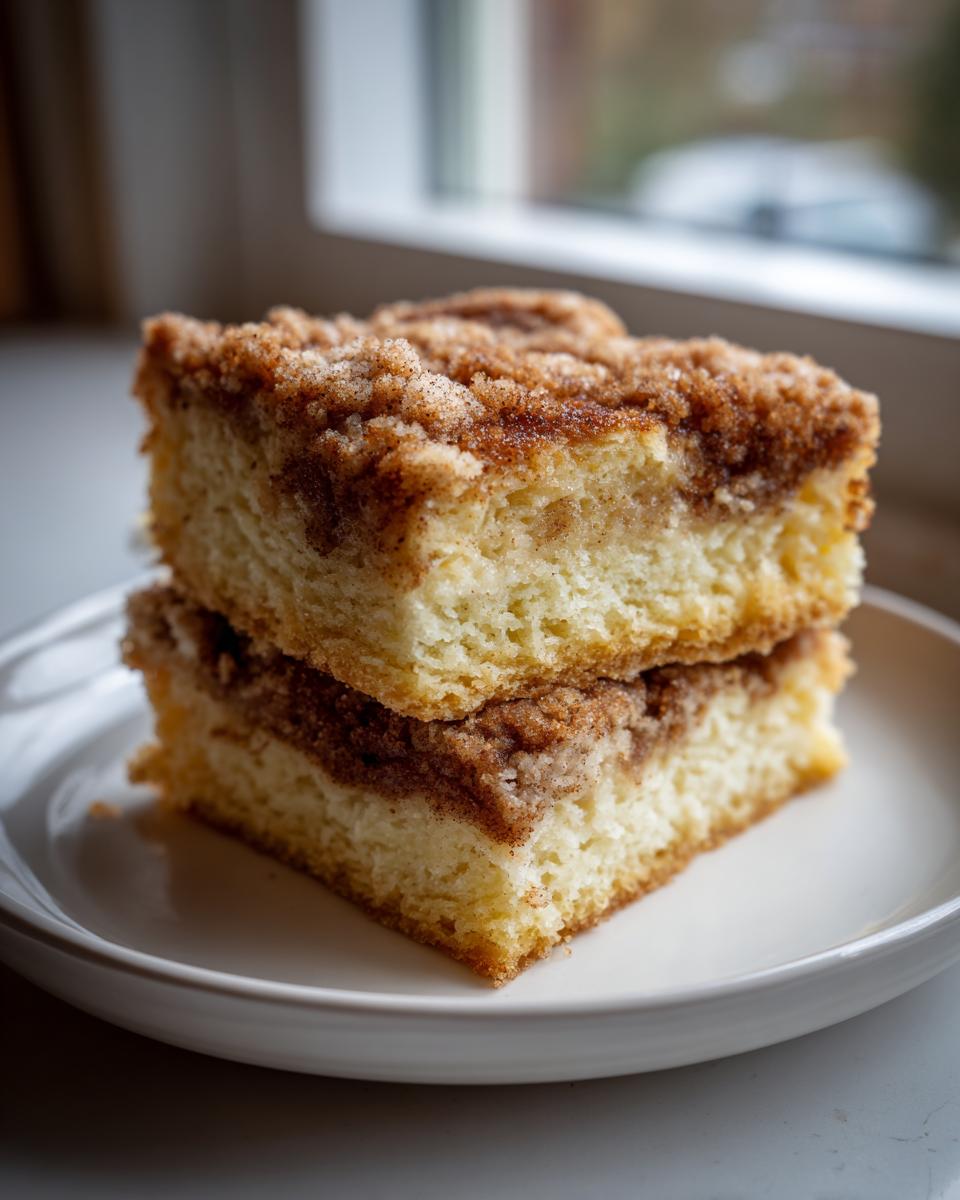 Two square slices of moist coffee cake stacked on a white plate, featuring a thick cinnamon streusel topping.