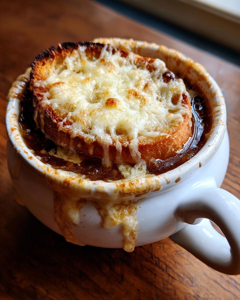 Close-up of a steaming bowl of french onion soup topped with a thick layer of melted, browned cheese over toasted bread.