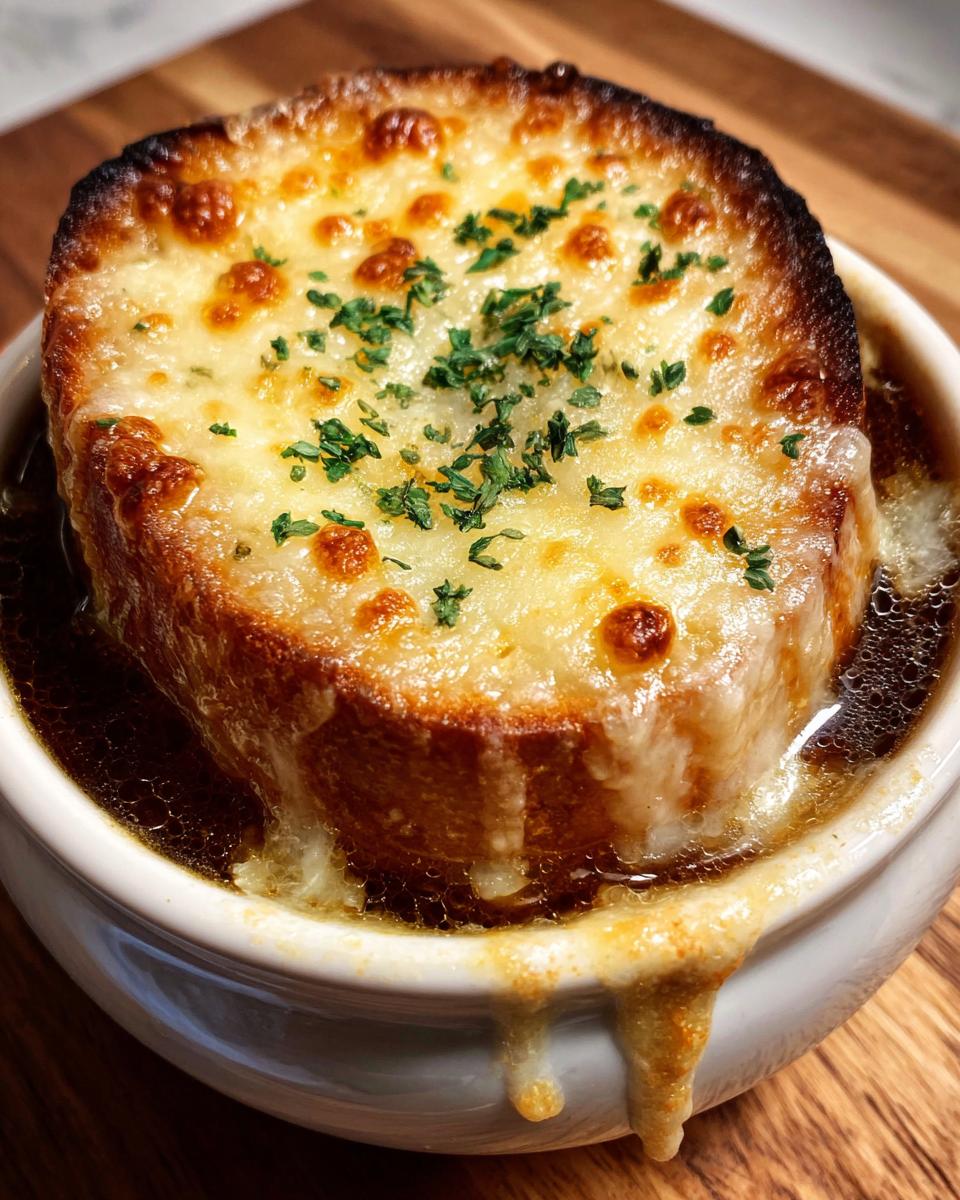 Close-up of a bowl of rich French onion soup topped with a thick, broiled layer of Gruyère cheese and fresh parsley.