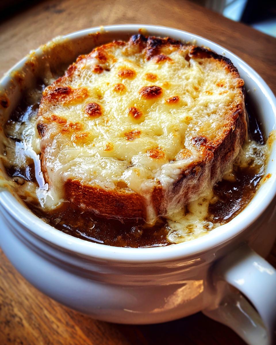 Close-up of a bowl of rich french onion soup topped with a thick, broiled layer of melted, bubbly cheese over toasted bread.