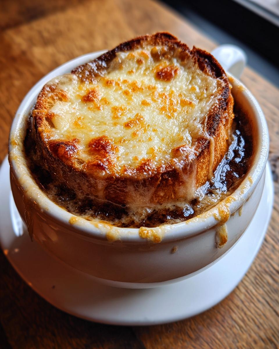 A close-up of rich french onion soup topped with a thick, toasted crouton covered in bubbly, melted Gruyère cheese.
