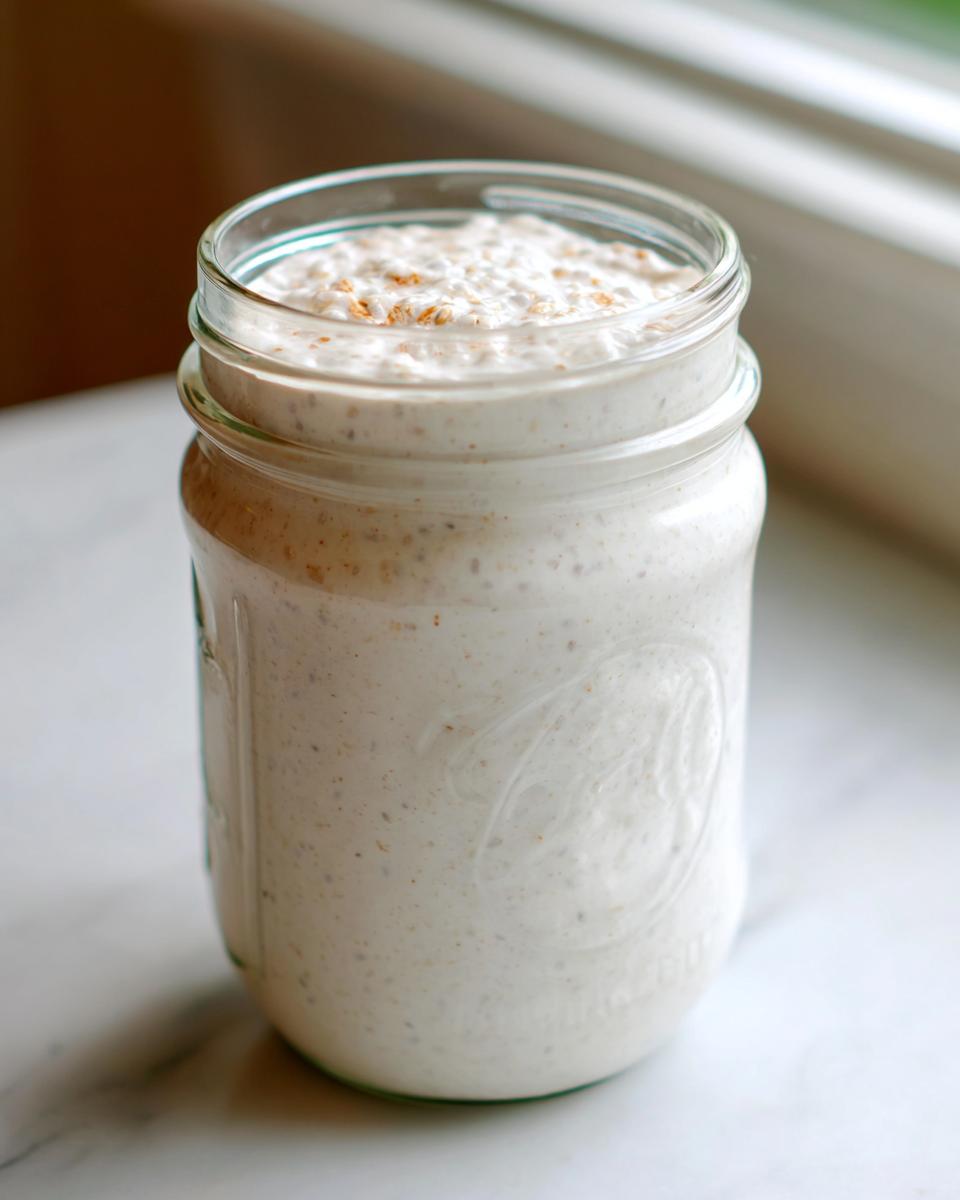 A jar filled with creamy white coconut chia pudding, lightly sprinkled with cinnamon on top.