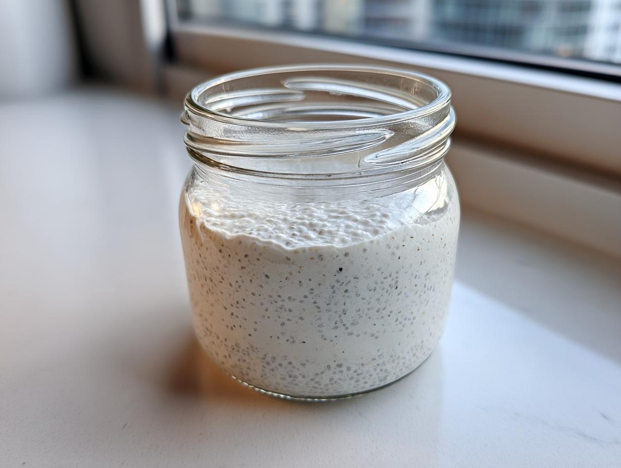 A glass jar filled with creamy, white coconut chia pudding, set on a white surface near a window.