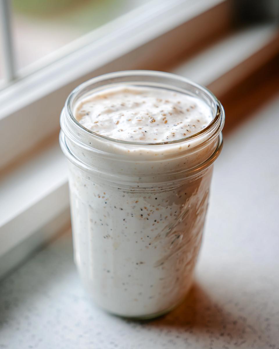 A close-up of creamy coconut chia pudding speckled with dark chia seeds, served in a glass mason jar by a window.