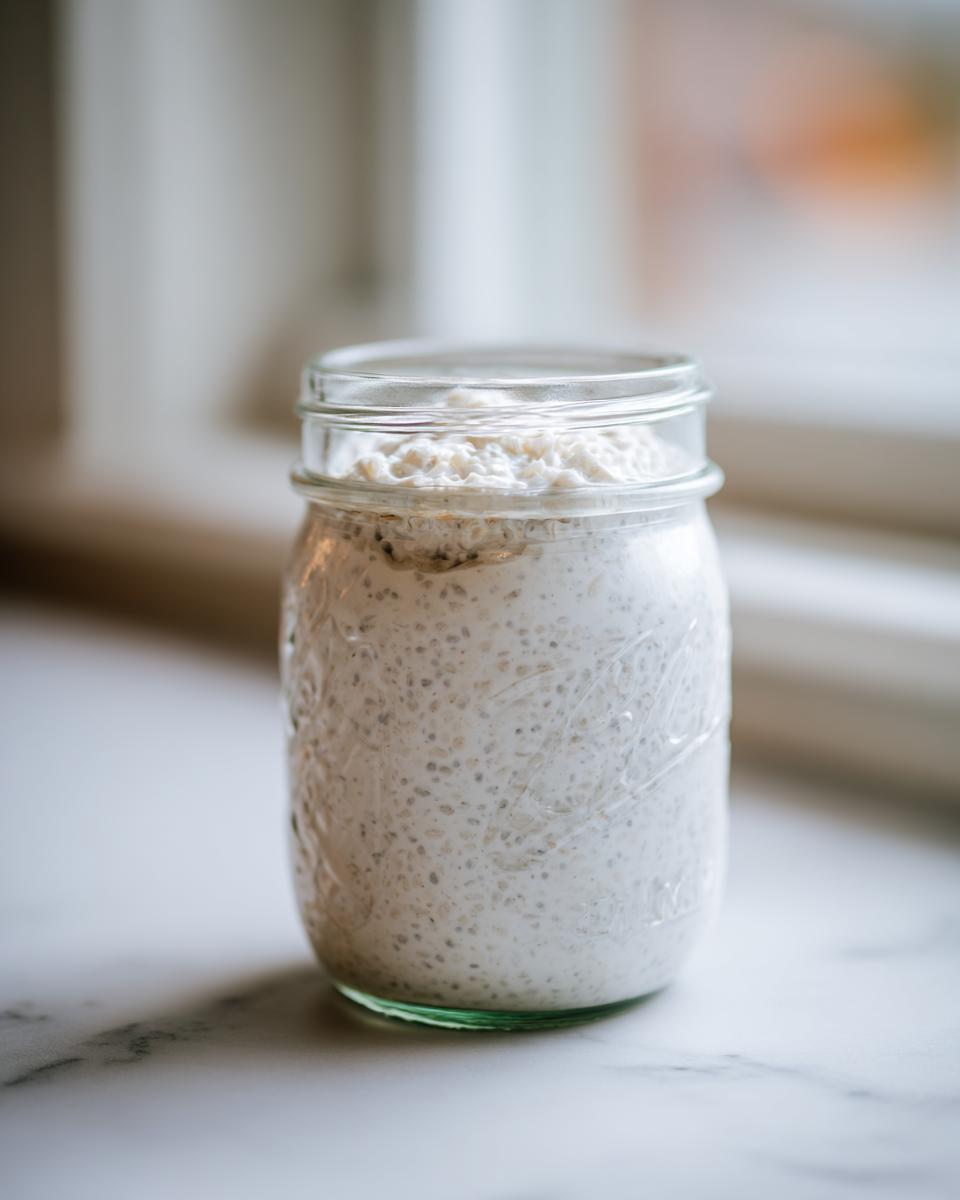 A close-up of creamy coconut chia pudding prepared in a clear mason jar, set against a bright, blurred background.