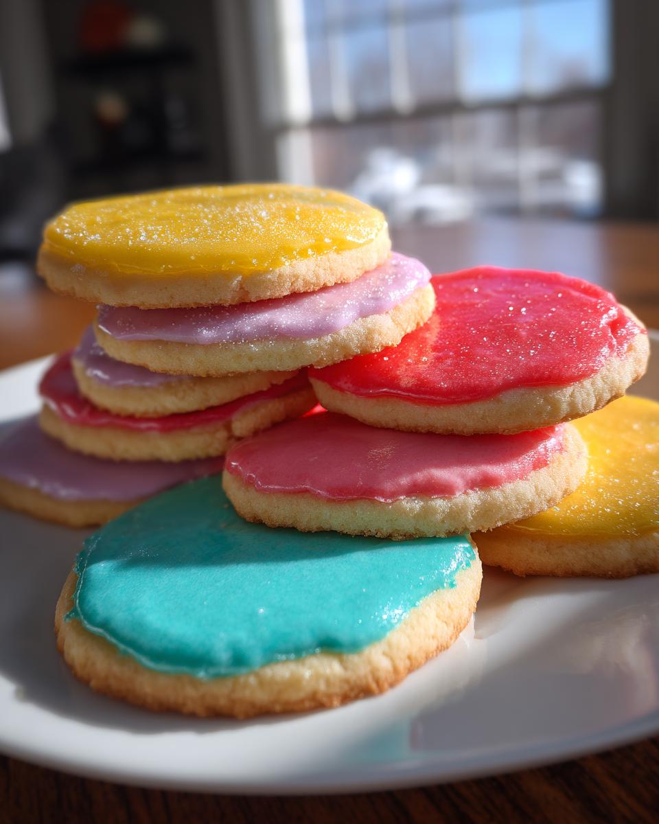 Stack of round sugar cookies topped with brightly colored, glossy sugar cookie icing that hardens.