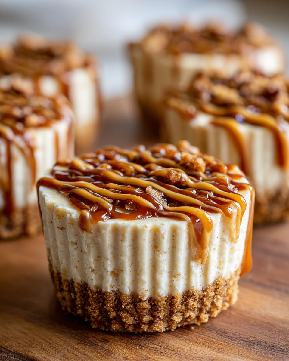 A close-up of one of the finished cookie butter cheesecake cups topped with caramel sauce and cookie crumbles.