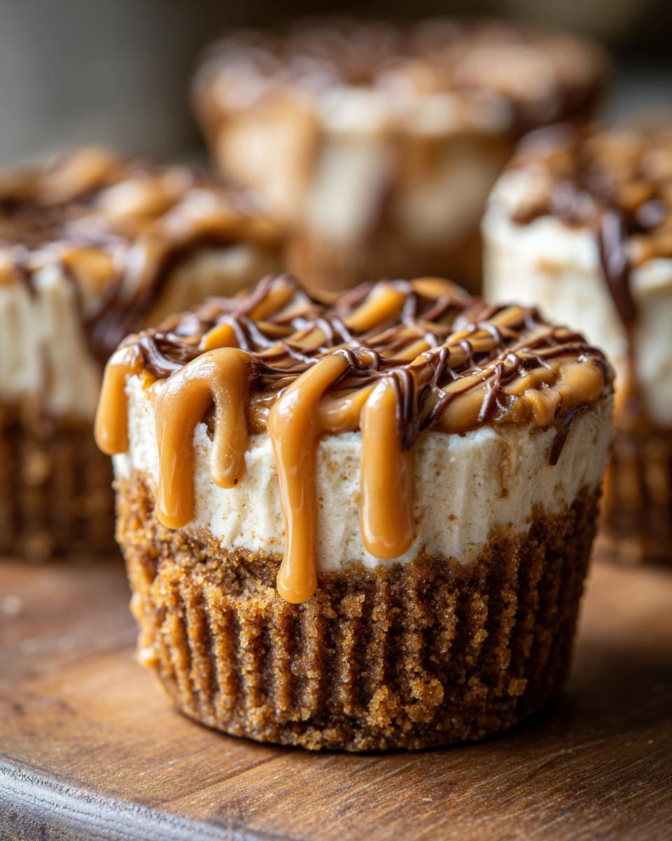 Close-up of a single cookie butter cheesecake cup topped with thick caramel and chocolate drizzles.