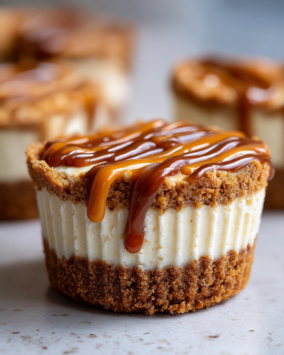 A single, decadent cookie butter cheesecake cup topped with a thick, glossy caramel drizzle.