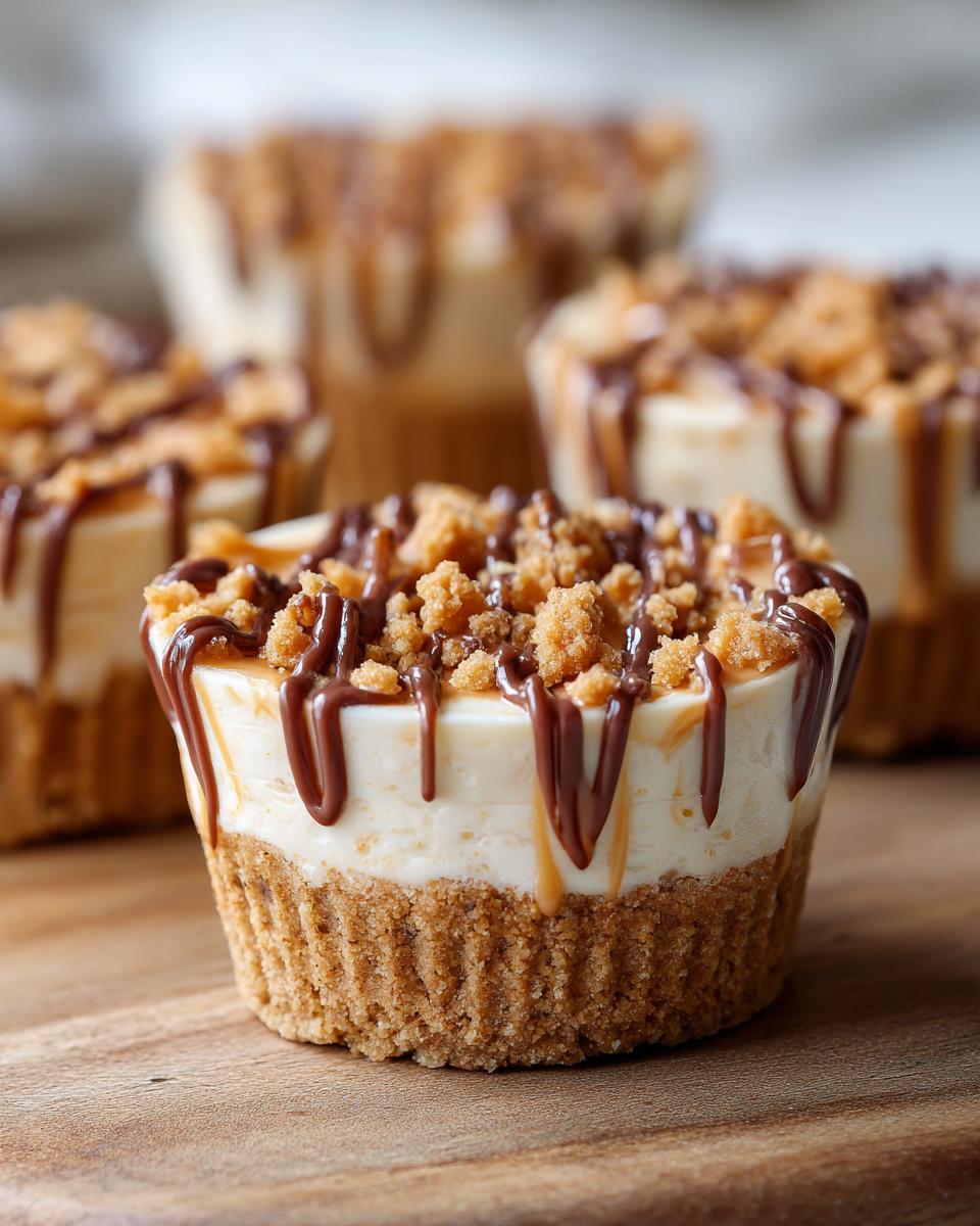 A single, decadent cookie butter cheesecake cup topped with chocolate and caramel drizzle and cookie crumbs.