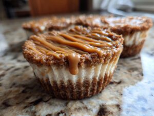 A close-up of a single cookie butter cheesecake cup topped with a caramel drizzle, sitting on a granite counter.