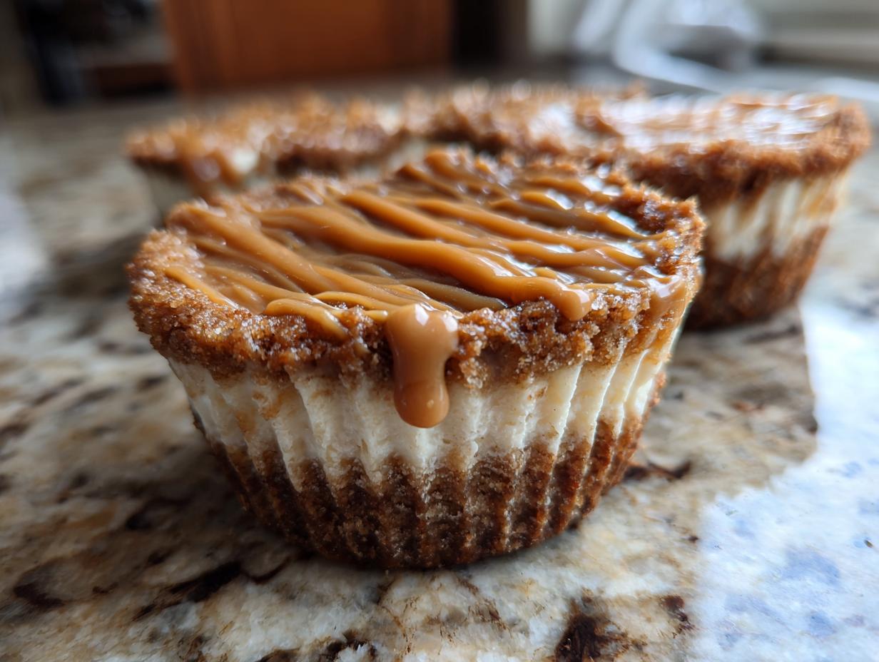 A close-up of a single cookie butter cheesecake cup topped with a caramel drizzle, sitting on a granite counter.