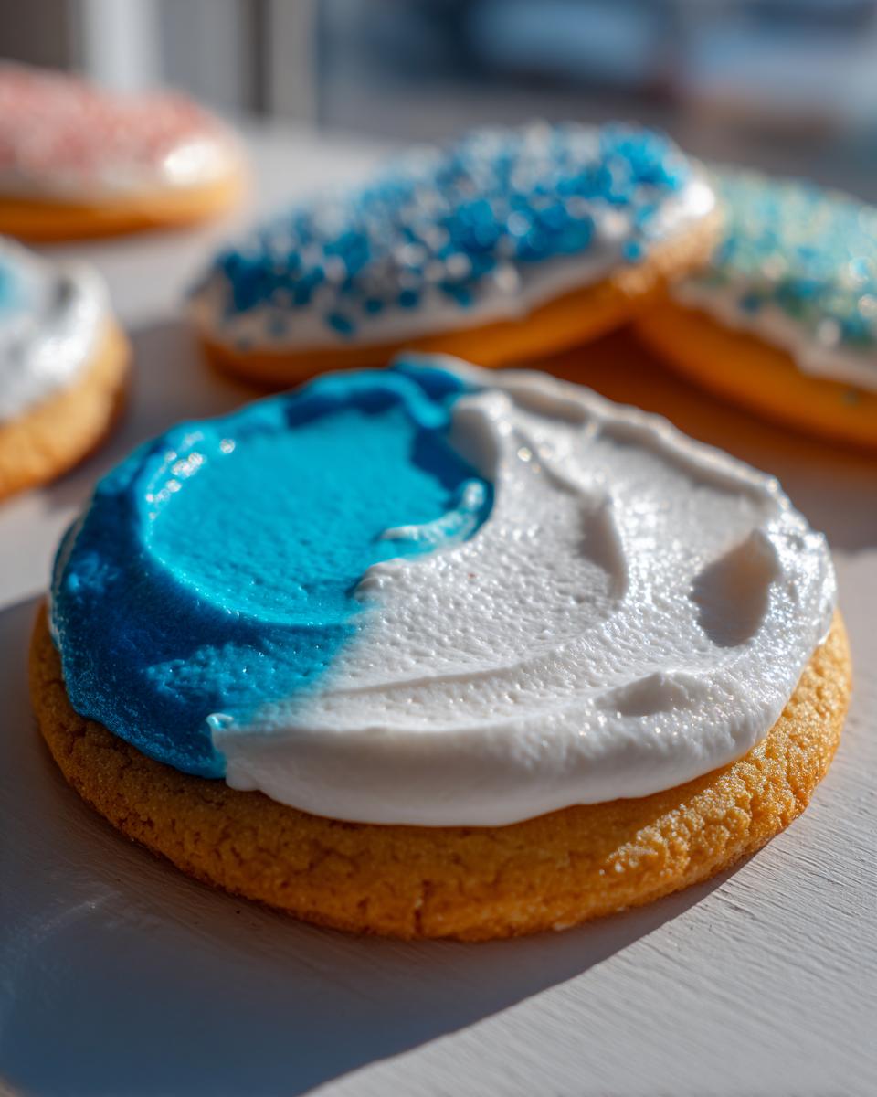 Close-up of a sugar cookie topped with thick, dual-colored cookie icing in blue and white swirl.