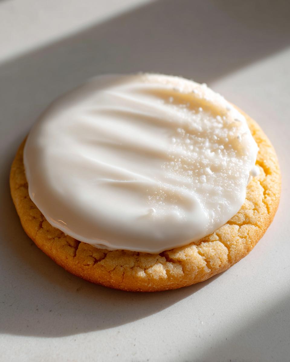 A single, round sugar cookie topped with a thick layer of smooth white cookie icing, lightly sprinkled with sugar.