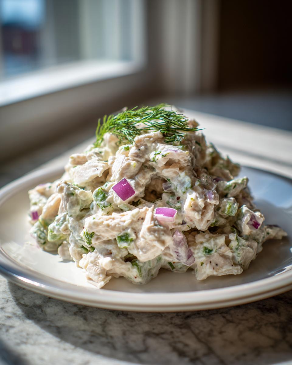 A mound of creamy cottage cheese chicken salad mixed with red onion and topped with fresh dill, served on a white plate.