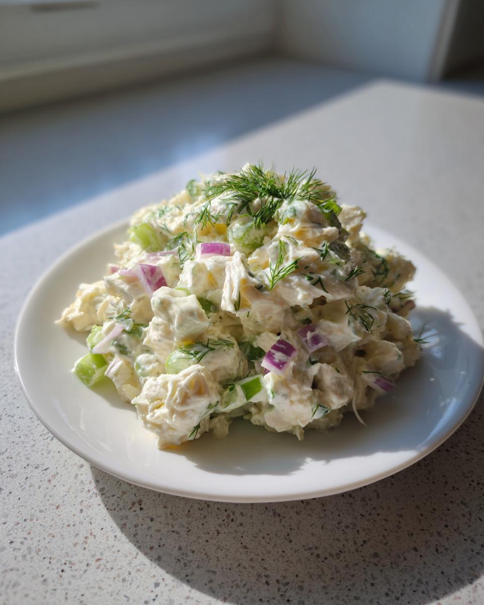A mound of creamy cottage cheese chicken salad mixed with celery and red onion, topped with fresh dill, served on a white plate.