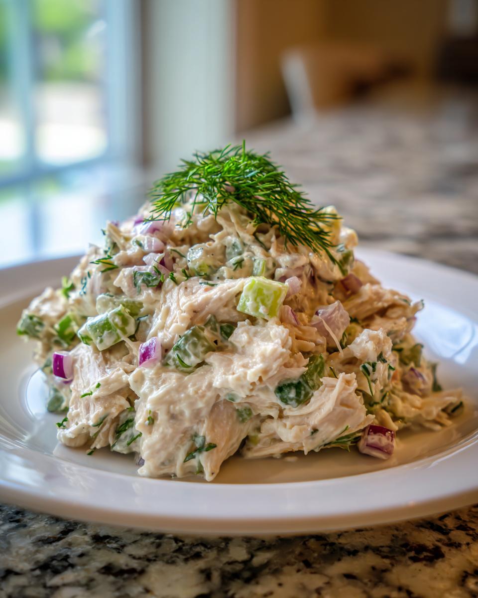 A mound of creamy cottage cheese chicken salad mixed with celery and red onion, topped with fresh dill.