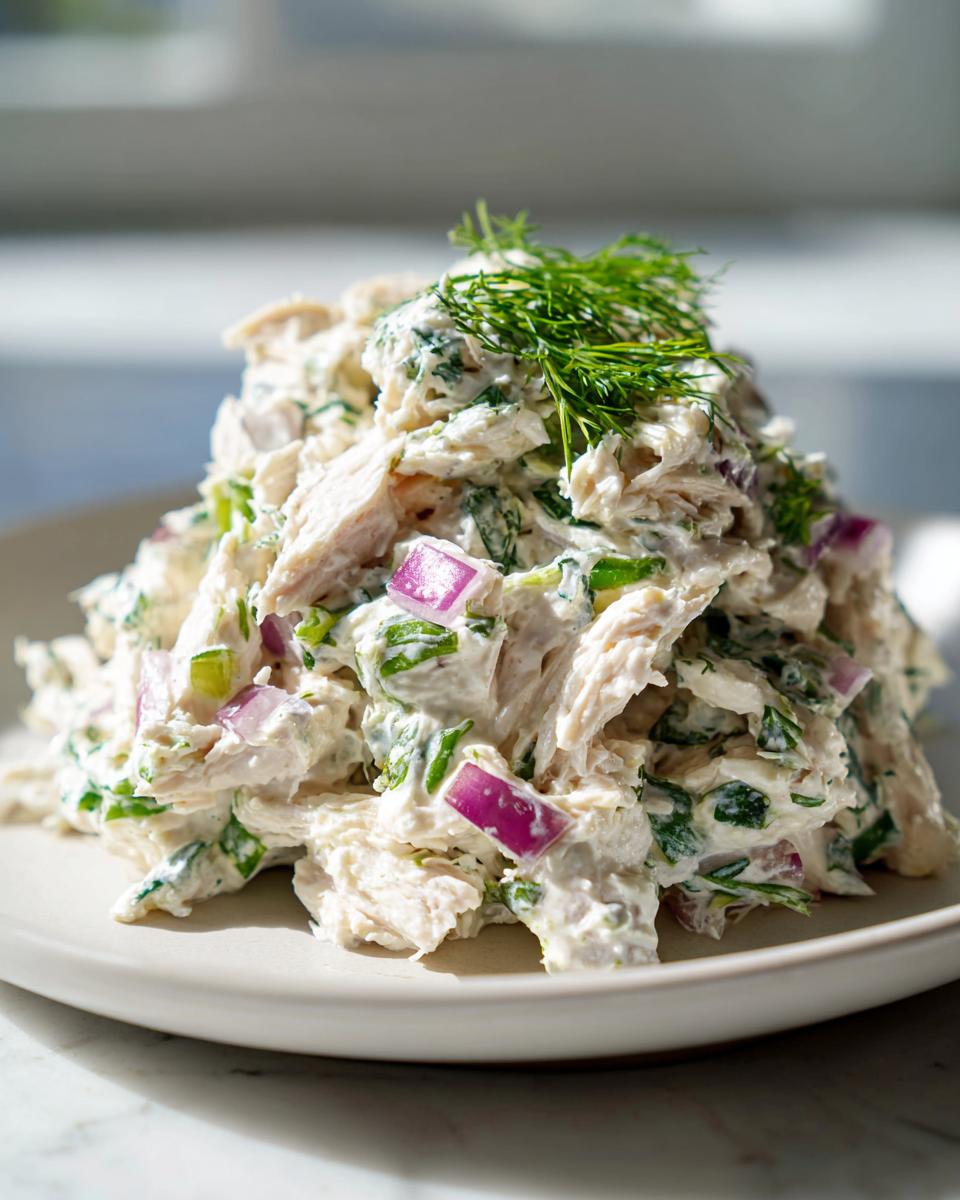 A close-up of a fresh mound of cottage cheese chicken salad mixed with red onion and herbs, topped with dill.