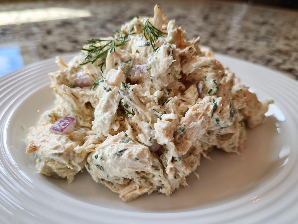 A generous mound of creamy cottage cheese chicken salad mixed with herbs and red onion, served on a white plate.