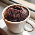 Close-up of a dark, rich Cottage Cheese Microwave Brownie baked perfectly inside a white ceramic mug.