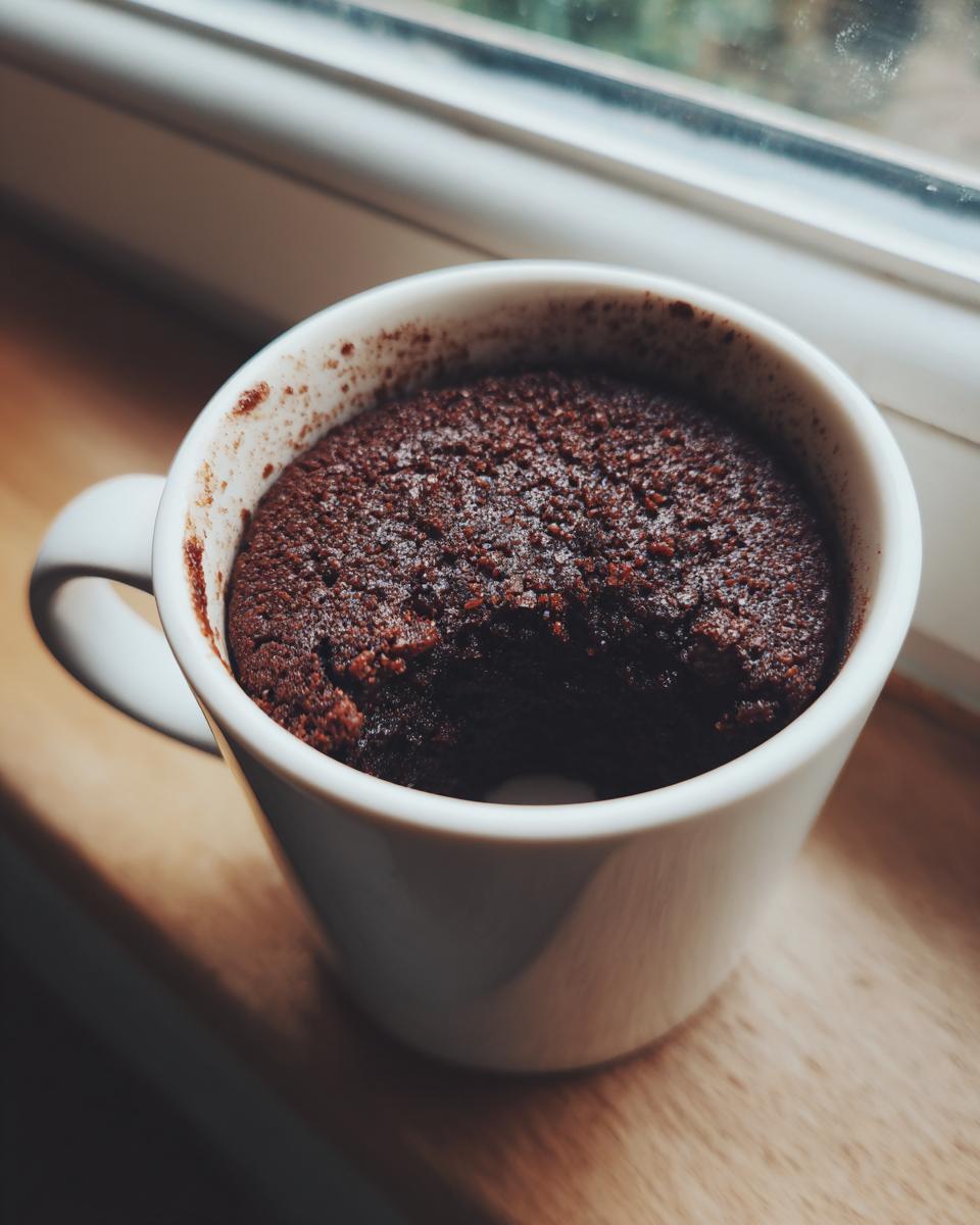 A dark chocolate Cottage Cheese Microwave Brownie baked inside a white mug, sitting on a wooden windowsill.