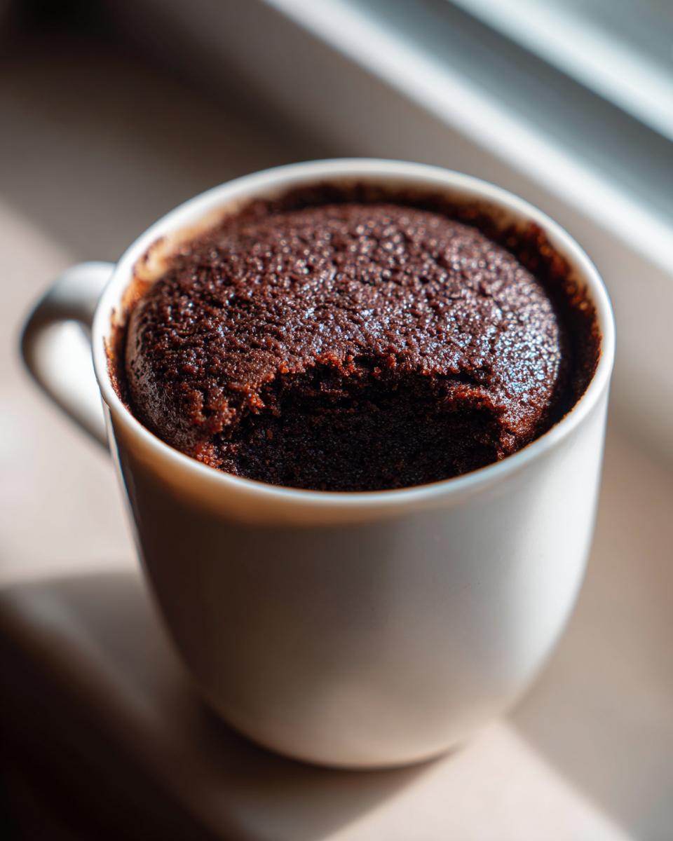 Close-up of a rich, dark chocolate Cottage Cheese Microwave Brownie baked inside a white mug, with a bite taken out.