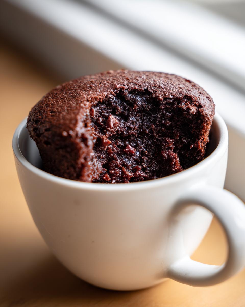 Close-up of a rich, dark chocolate Cottage Cheese Microwave Brownie with a bite taken out, served in a white mug.