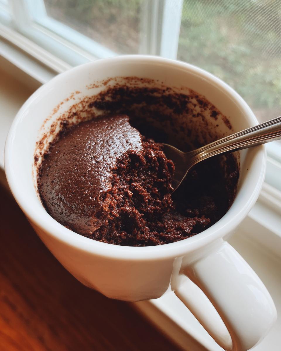 A close-up of a rich, dark chocolate Cottage Cheese Microwave Brownie being scooped with a spoon inside a white mug.