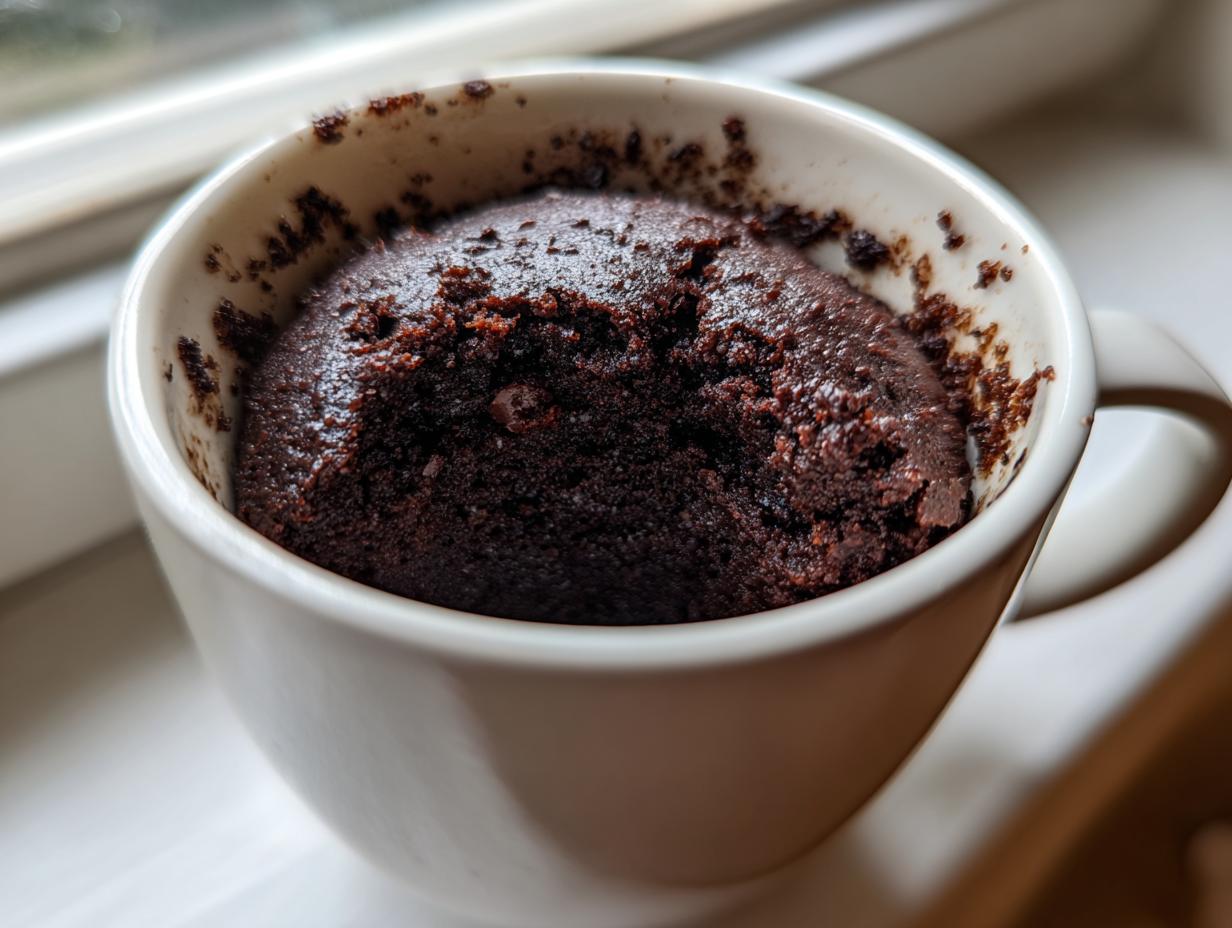 Close-up of a rich, dark chocolate Cottage Cheese Microwave Brownie baked perfectly inside a white mug.