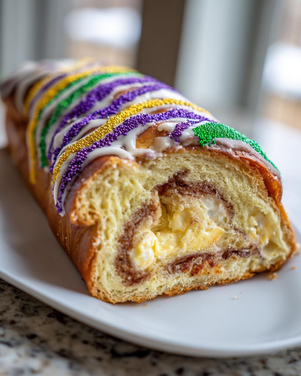 A close-up cross-section view of a cream cheese King Cake, drizzled with white icing and decorated with purple, green, and gold sprinkles.