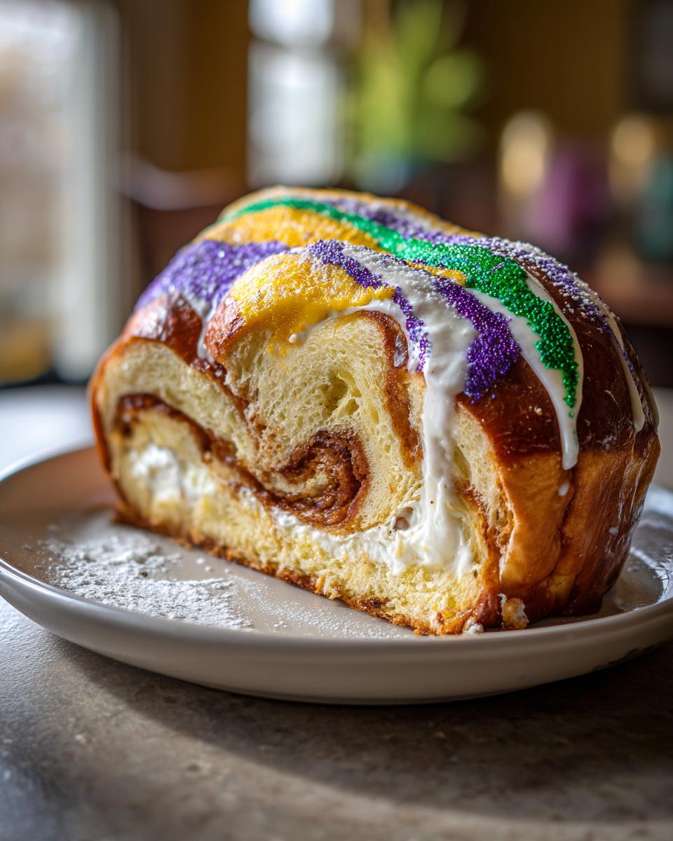 A cross-section slice of a rich king cake filled with cream cheese and cinnamon swirl, topped with purple, green, and yellow icing.