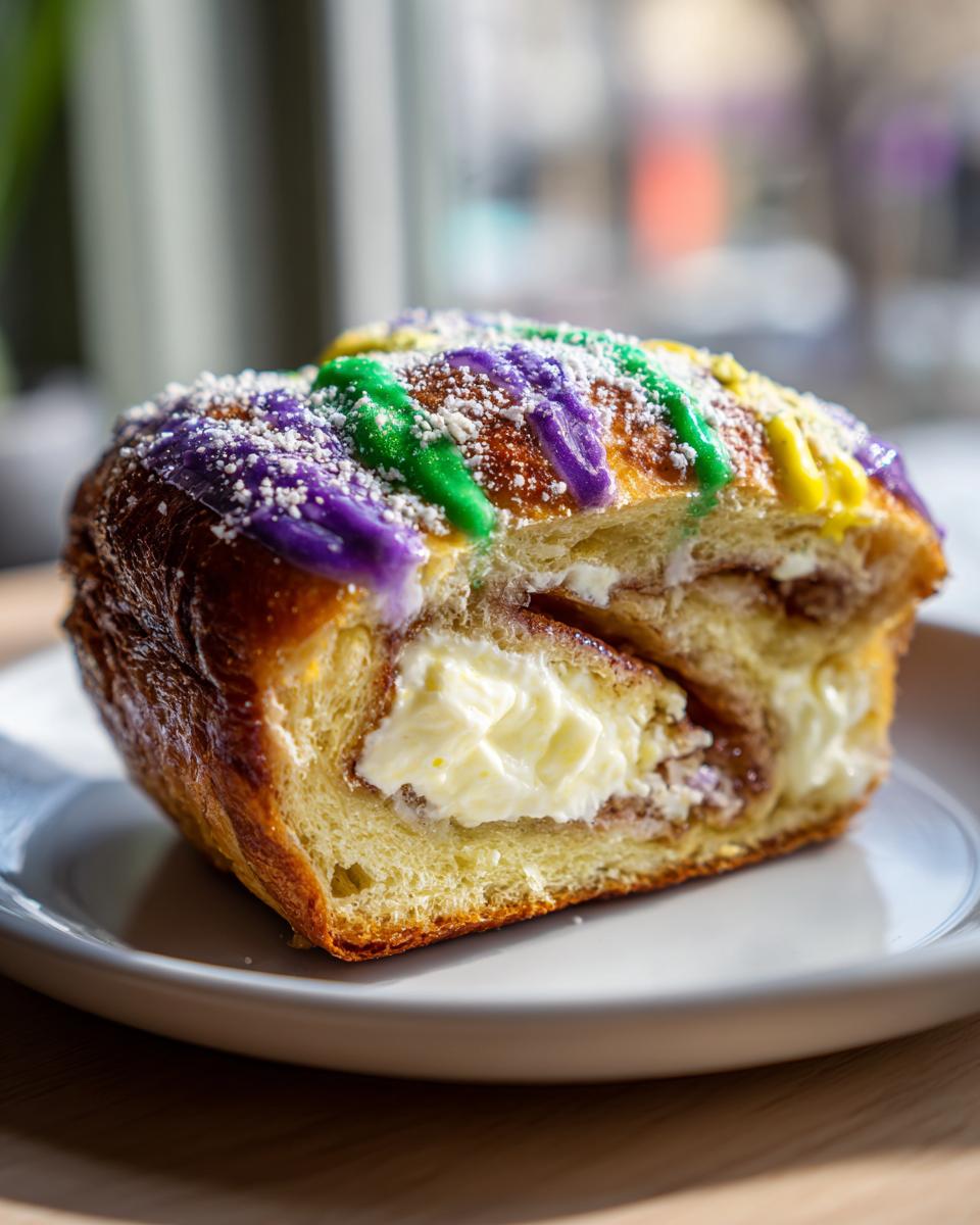 Cross-section of a delicious king cake filled with thick cream cheese frosting and topped with purple, green, and yellow icing.
