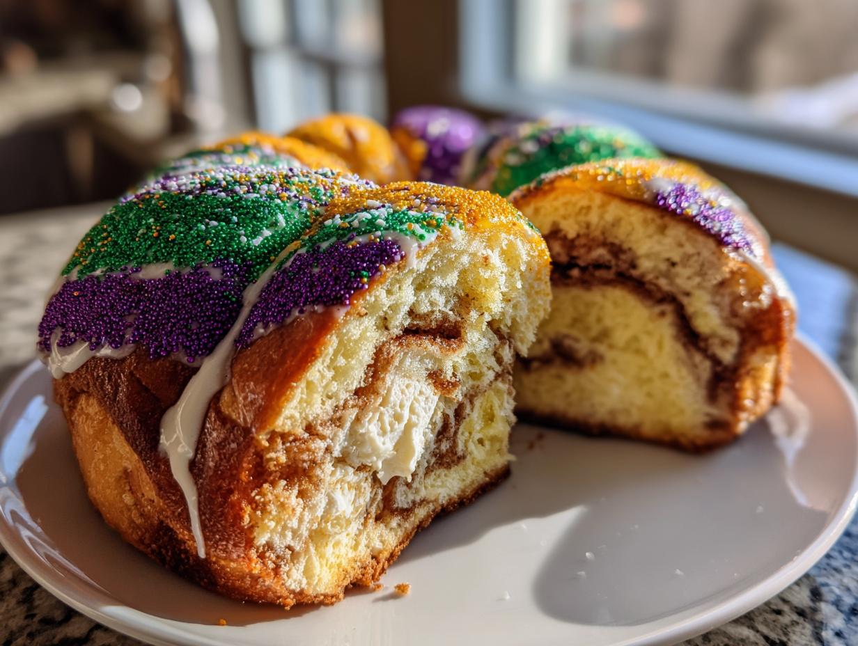 A slice cut from a cream cheese filled King Cake, topped with purple, green, and gold Mardi Gras sprinkles and white icing.