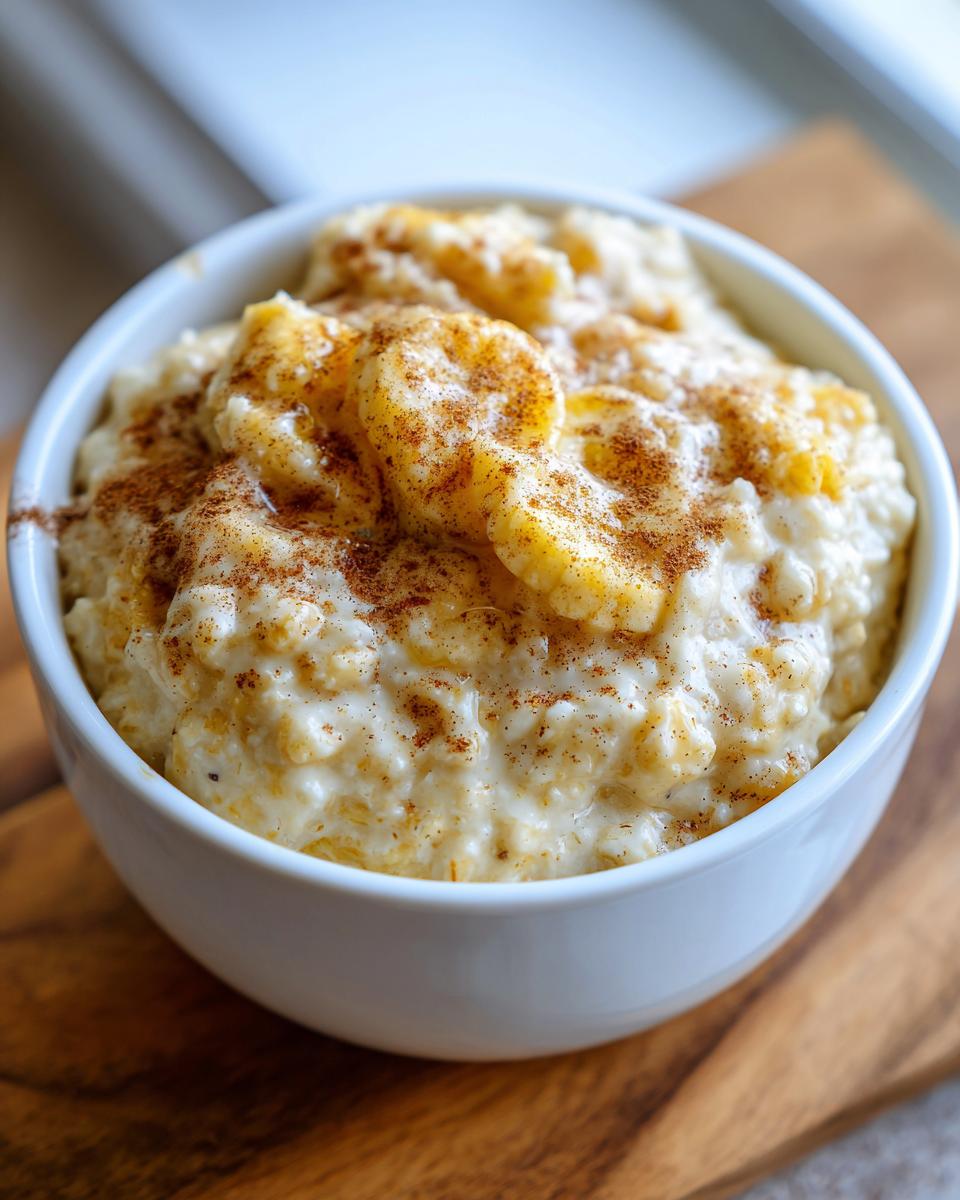 Close-up of a white bowl filled with creamy banana oatmeal topped with sliced bananas and a sprinkle of cinnamon.