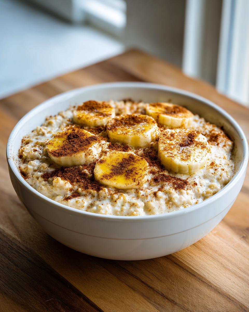 A white bowl filled with creamy banana oatmeal, topped with sliced bananas and a generous dusting of cinnamon.