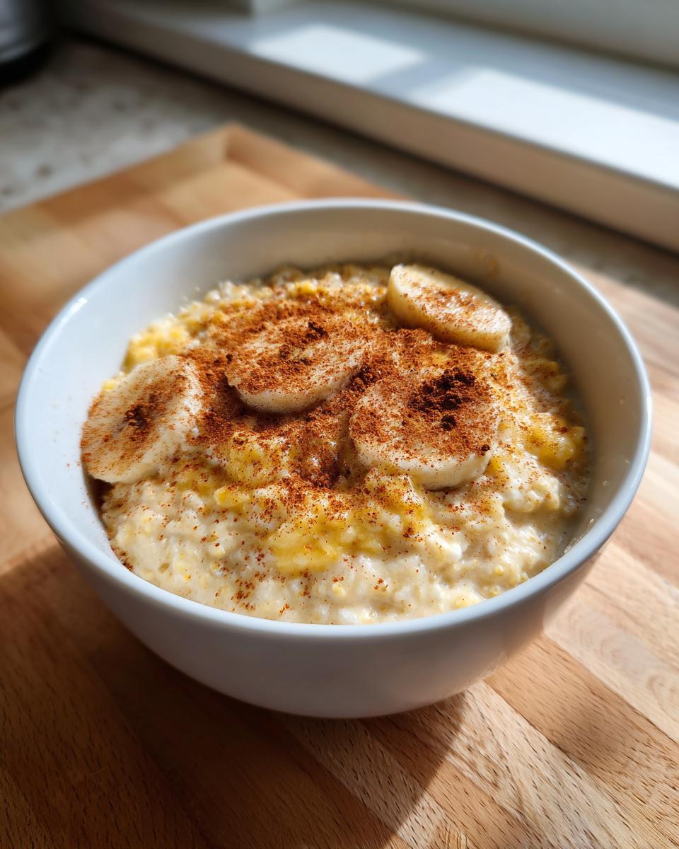 A white bowl filled with creamy banana oatmeal, topped with banana slices and a generous dusting of cinnamon.