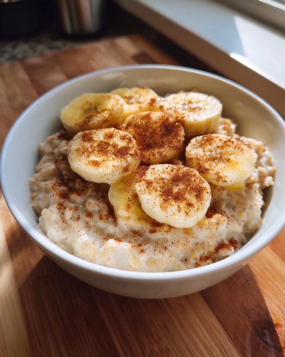 A white bowl filled with creamy banana oatmeal, topped with sliced bananas and a generous sprinkle of cinnamon.