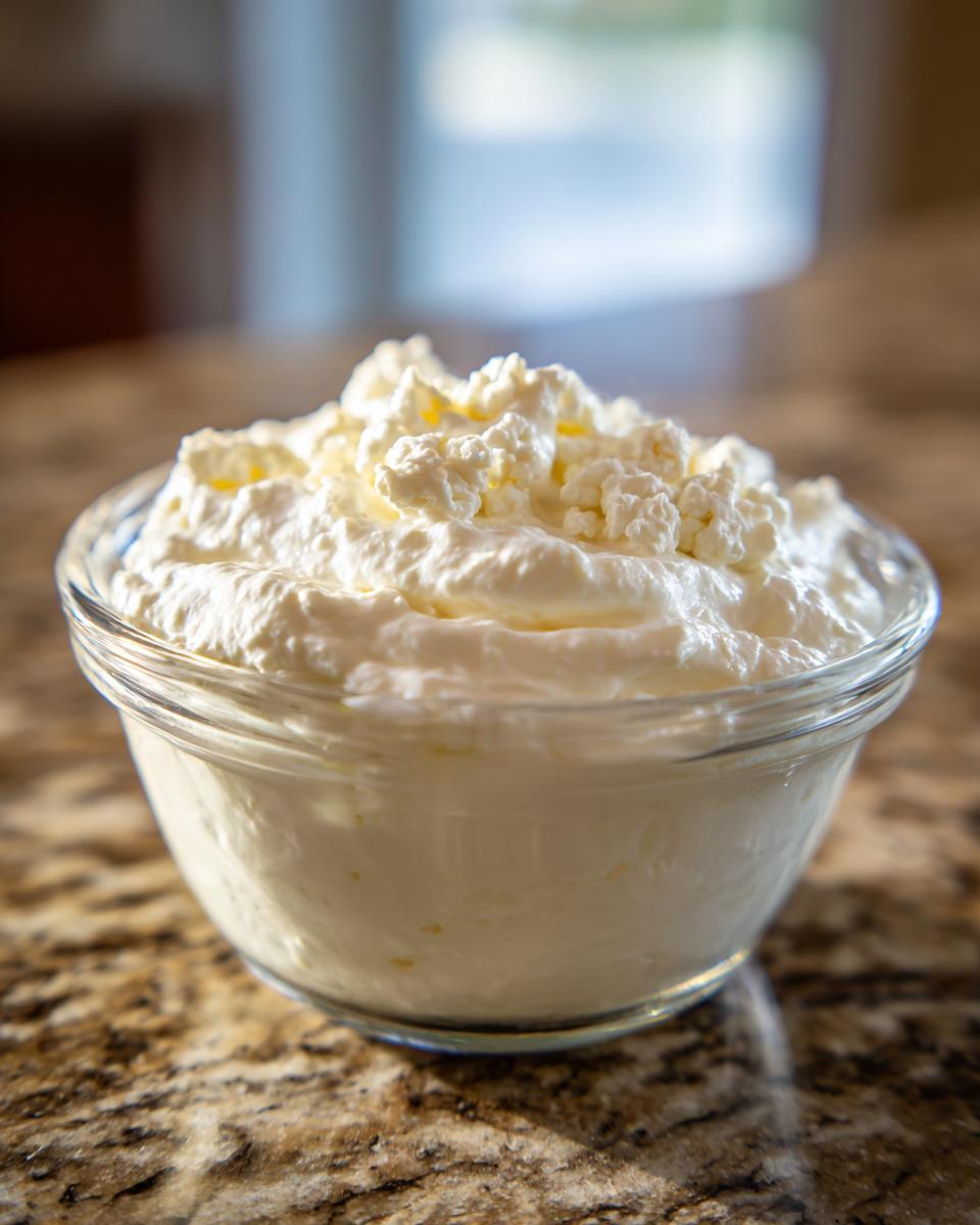 Close-up of a glass bowl filled with creamy white dip, likely the base for blue cheese dip, topped with crumbles.