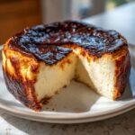 A creamy, rich Basque cheesecake with a deeply caramelized, almost burnt top, shown with one slice cut out.